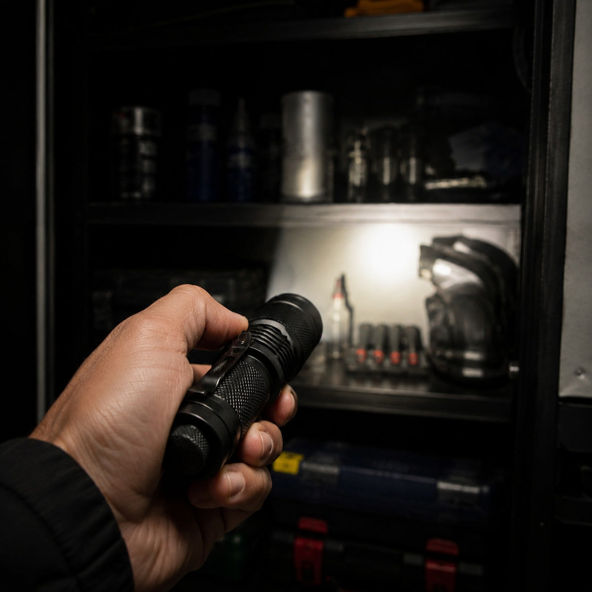 Evatac Flashlight held pointing into a dark tool cupboard, beam on the shelves