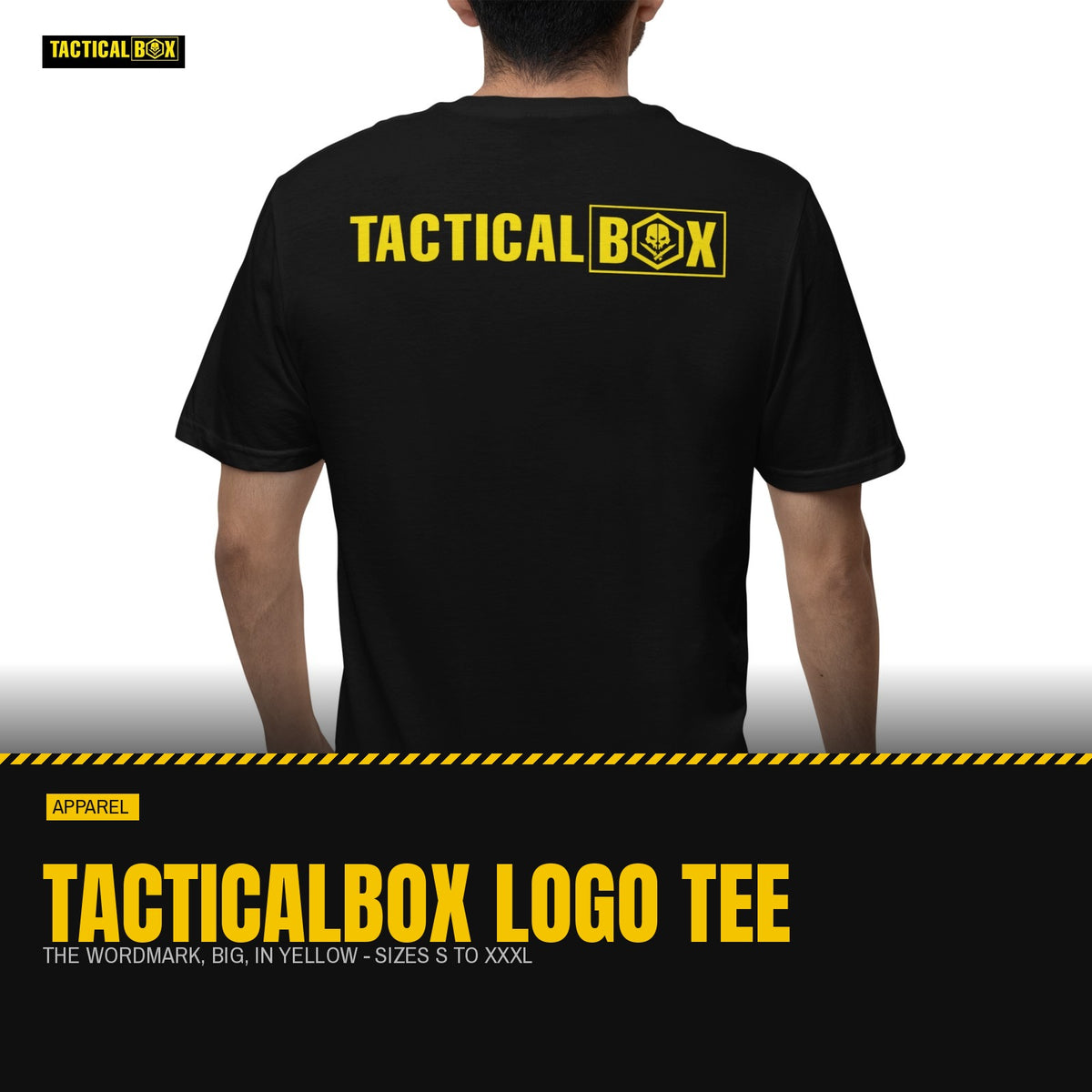 TacticalBox logo T-Shirt worn back-to-camera with the full back print visible