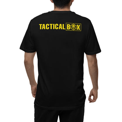 TacticalBox logo T-Shirt on a model, rear view showing the back print