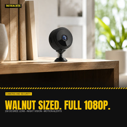 Circle Mini Camera on its mount on a shelf in a bright living room, with the spec figures alongside