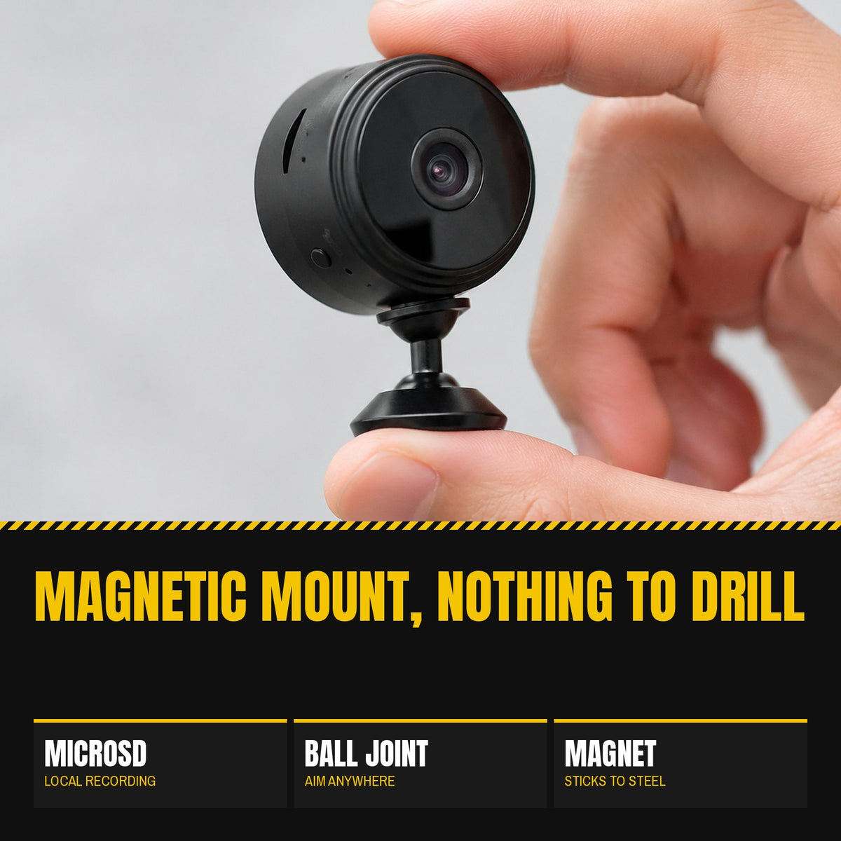 Circle Mini Camera held between finger and thumb to show its size