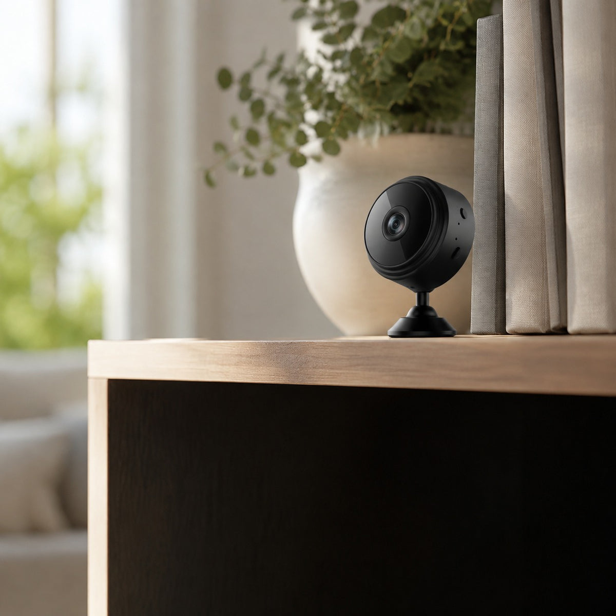 Circle Mini Camera on its mount on a shelf edge in a sunlit living room