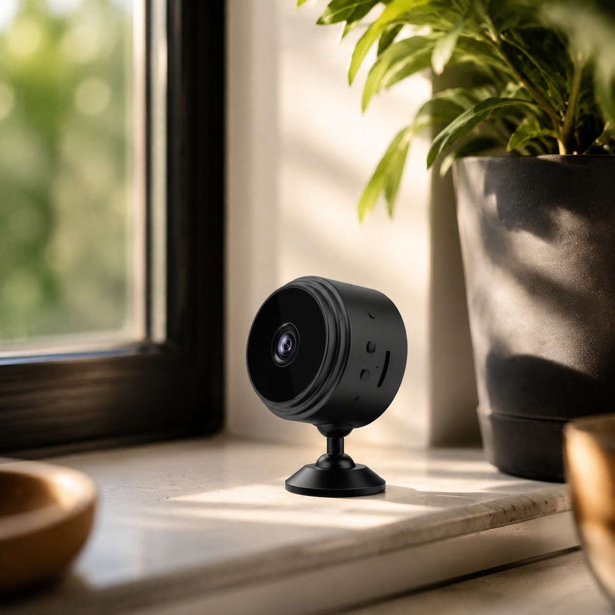 Circle Mini Camera on a kitchen windowsill on its mount, looking into the room