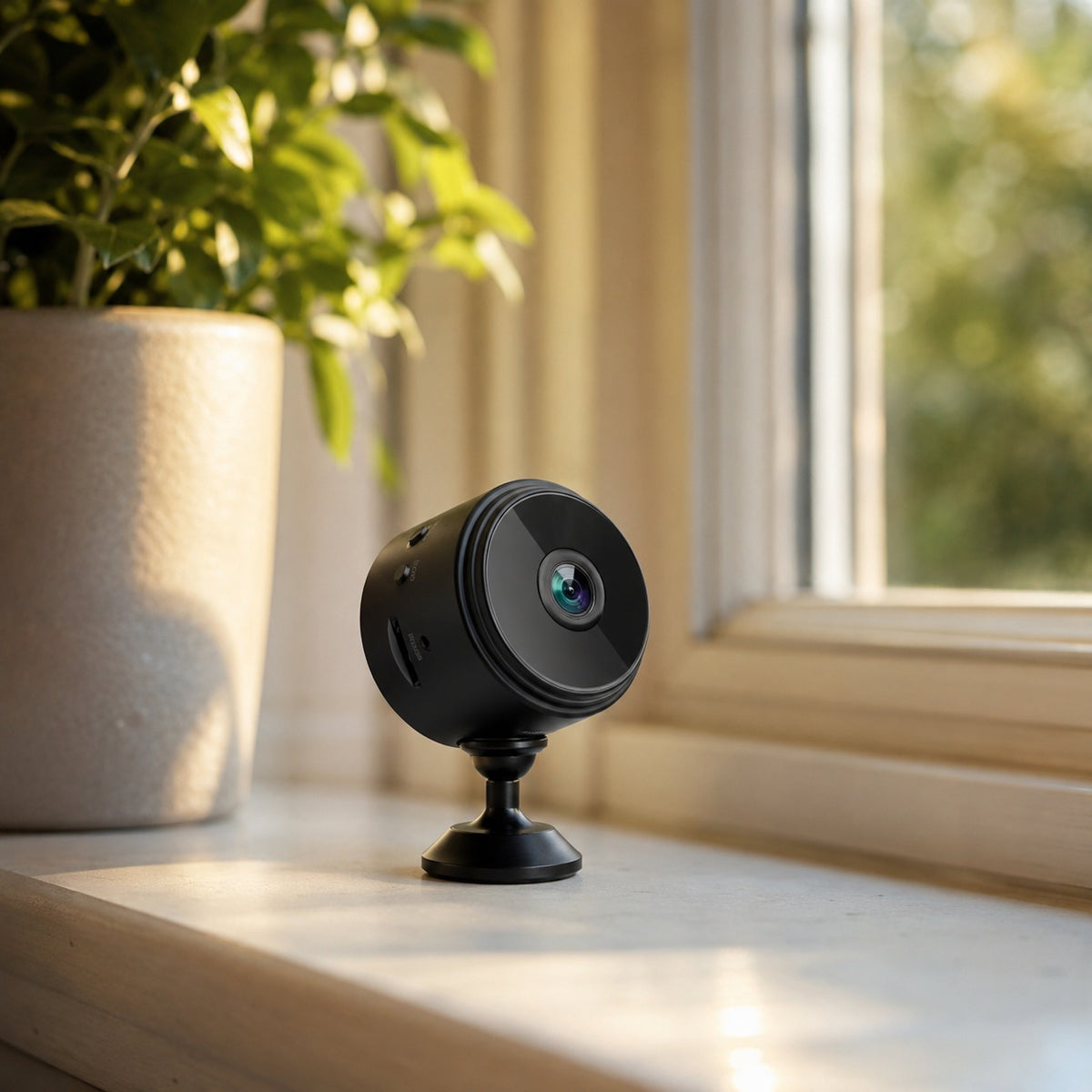 Circle Mini Camera on a windowsill beside a plant in late afternoon light