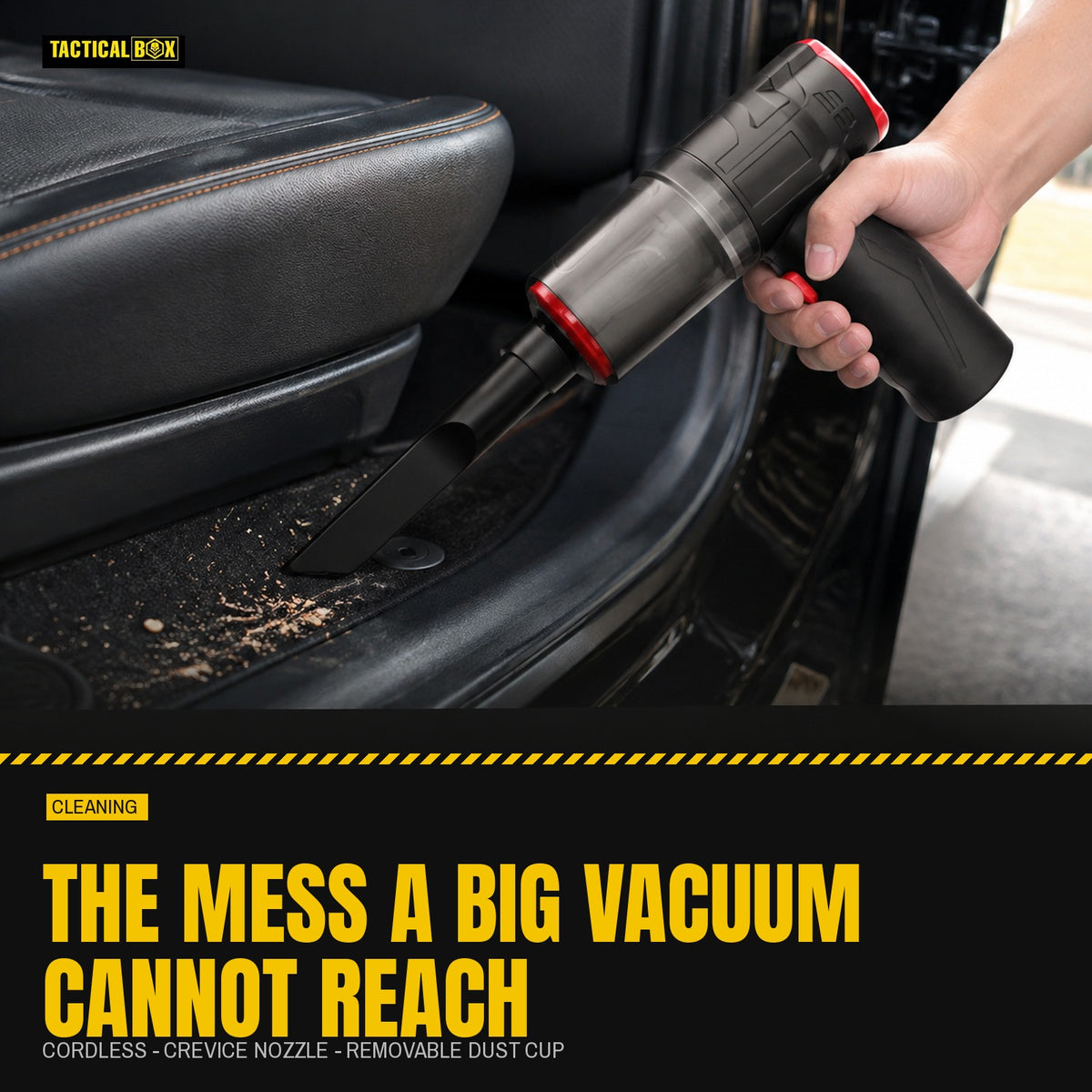 Mini Vacuum clearing crumbs from a car seat and footwell