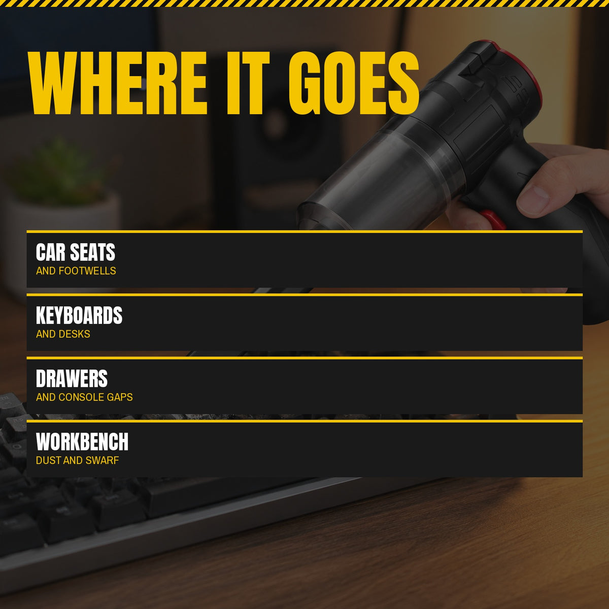 Mini Vacuum panel showing where it is used: car seats, keyboards, drawers and workbench