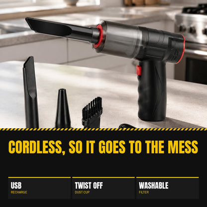 Mini Vacuum on a kitchen counter with its nozzle attachments laid out