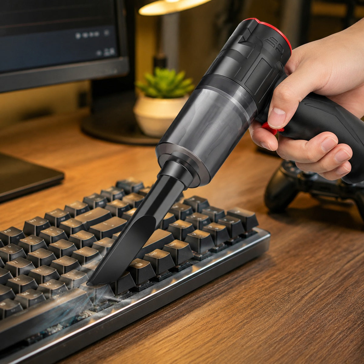 Mini Vacuum clearing dust from a mechanical keyboard on a desk