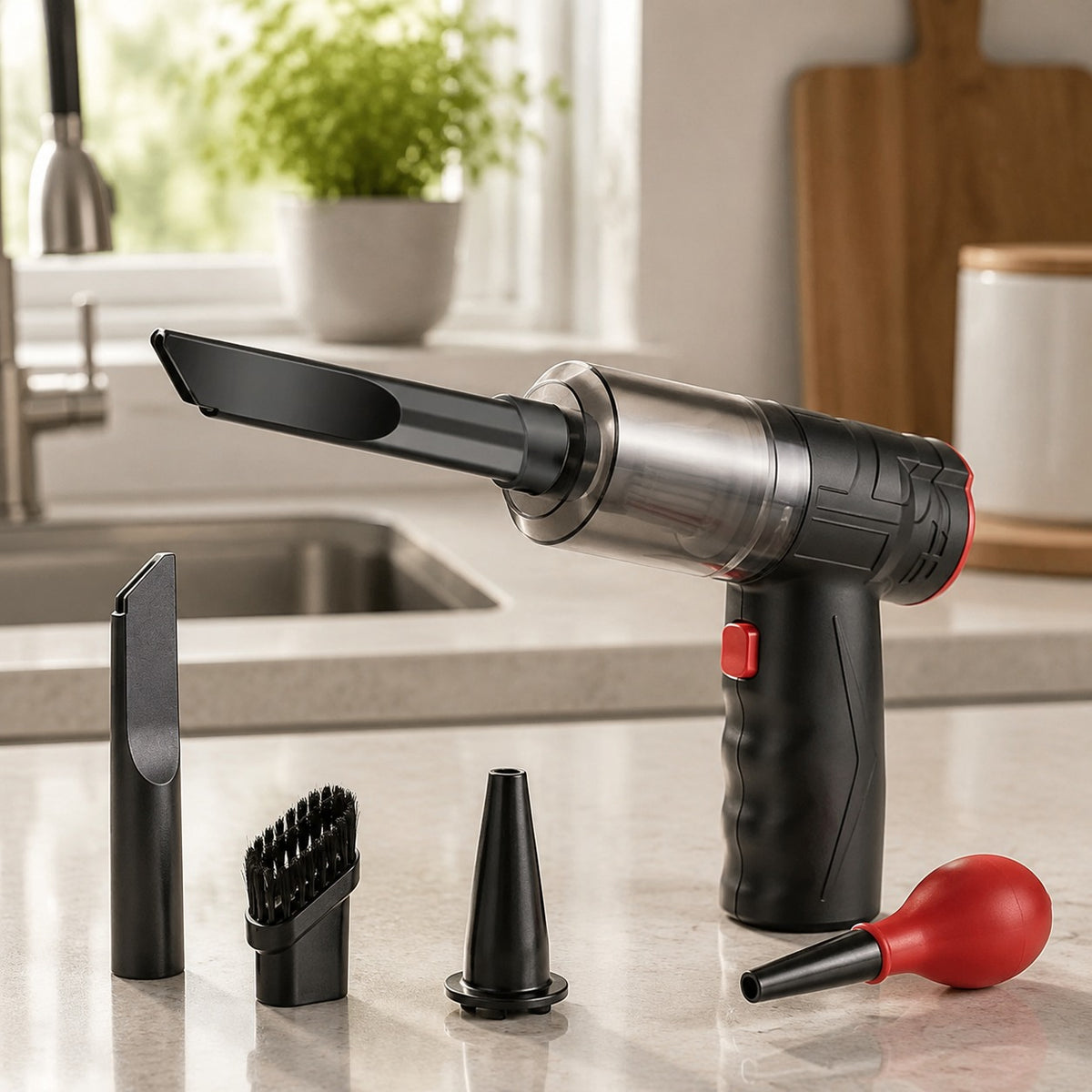 Mini Vacuum on a counter beside its attachments and blower bulb