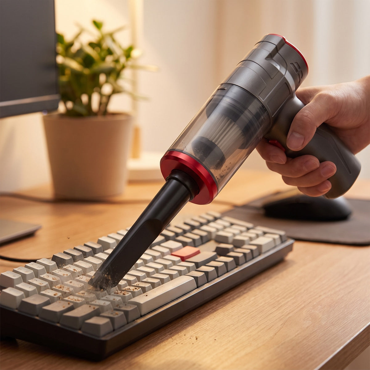 Mini Vacuum in use on a desk keyboard, crevice nozzle between the keys
