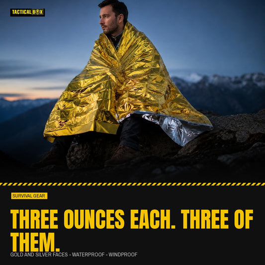 Mylar Survival Blanket wrapped around a person at dusk with the pack details alongside