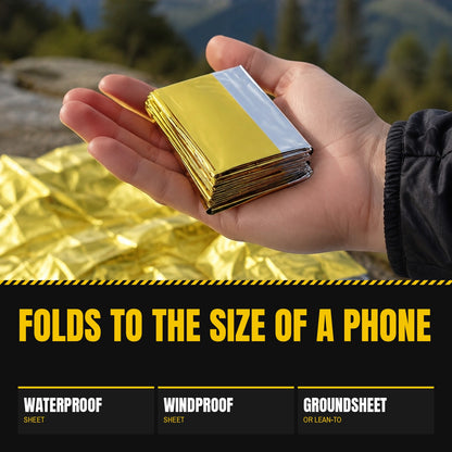 Mylar Survival Blanket folded into a packet and held in an open palm