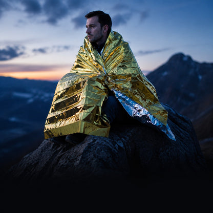 Mylar Survival Blanket wrapped around a person sitting on a rock at dusk