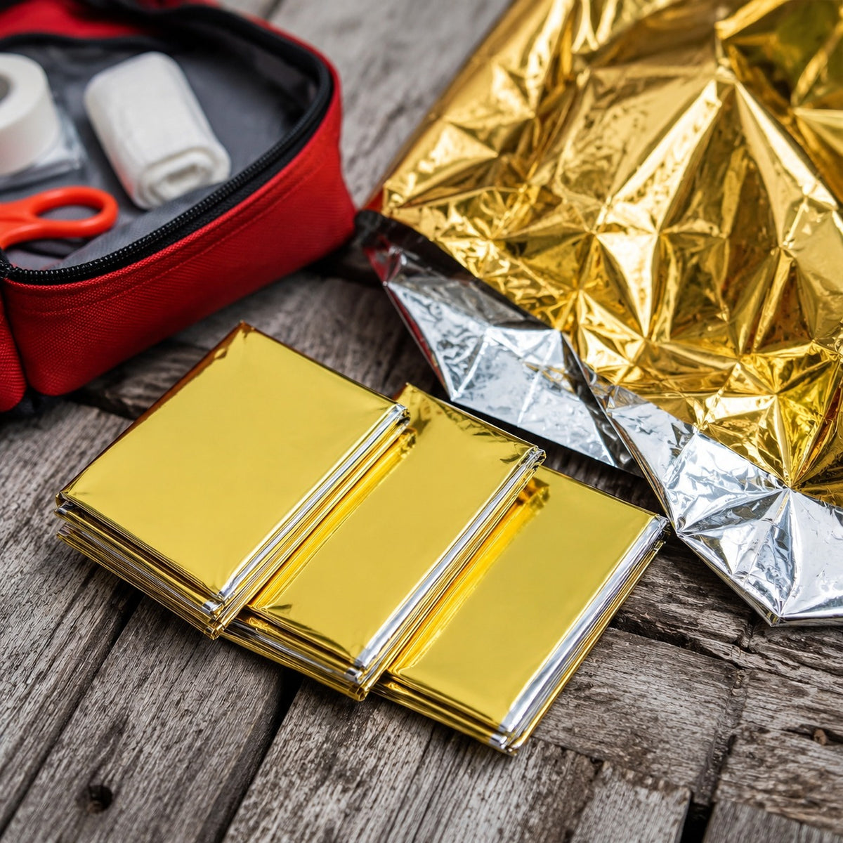 Three folded Mylar Survival Blanket packets on barnwood beside an open first aid pouch