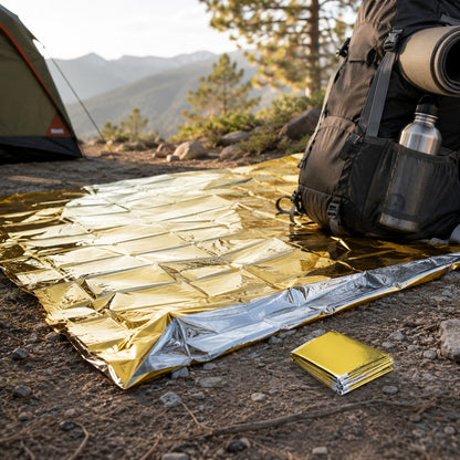 Mylar Survival Blanket spread out as a groundsheet under a pack at a campsite