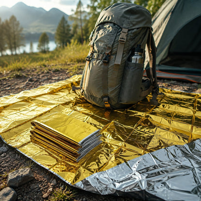 Mylar Survival Blanket used as a groundsheet under a pack in woodland