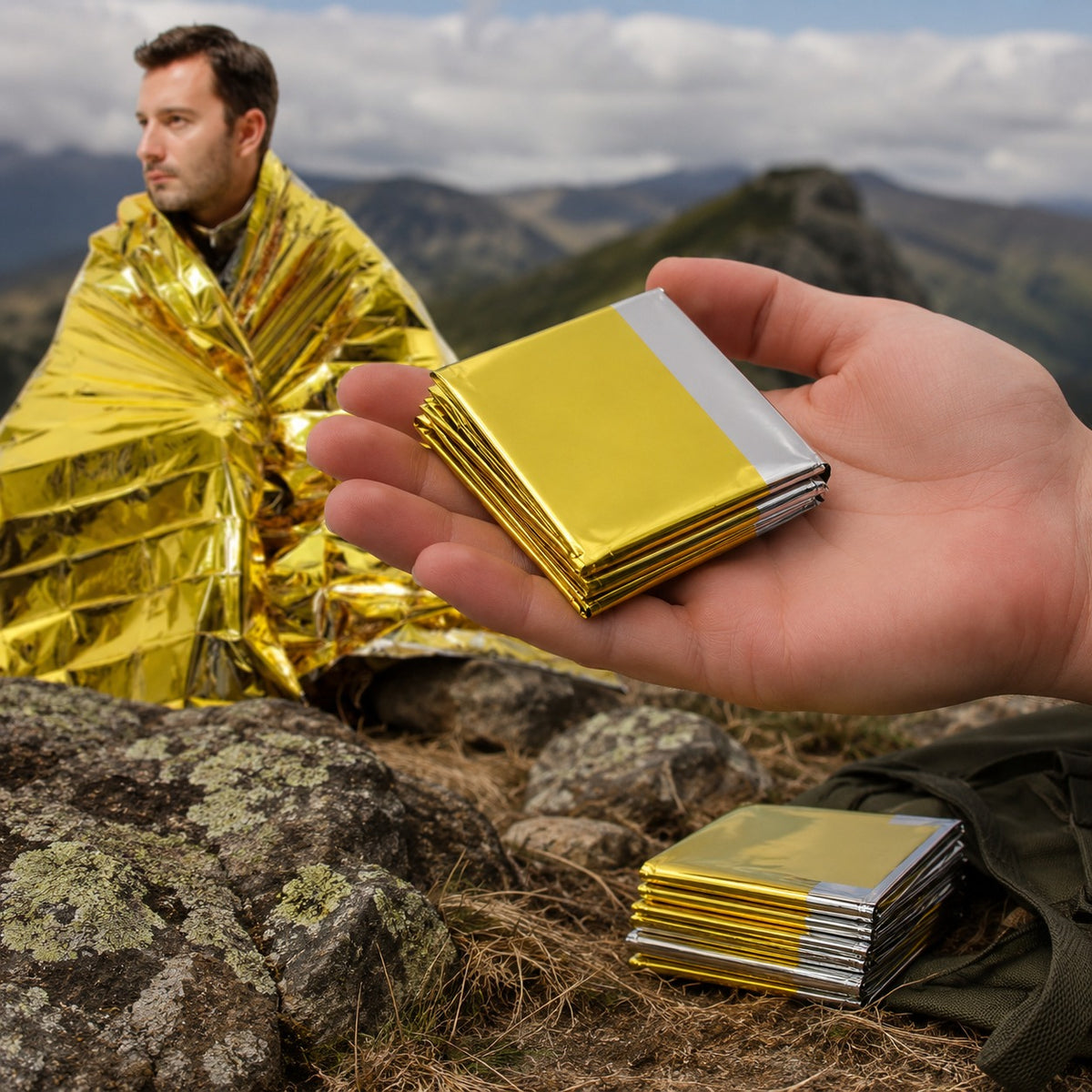 Mylar Survival Blanket folded packet held in a palm beside an unfolded blanket