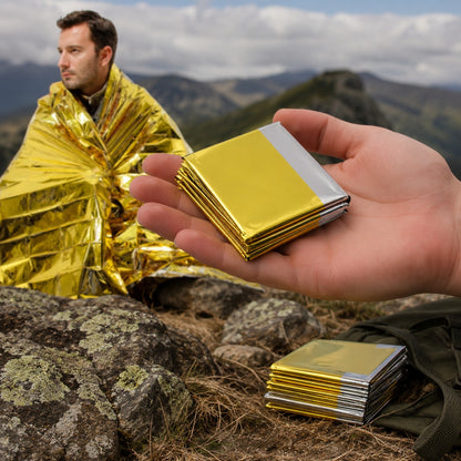 Mylar Survival Blanket folded packet held in a palm beside an unfolded blanket