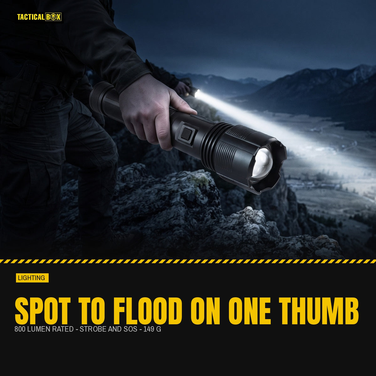 Novalite XPH-50 flashlight throwing a beam across a valley from a dark ridge, with the rated output alongside