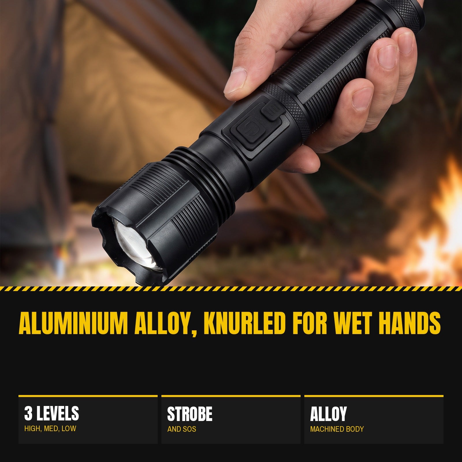 Novalite XPH-50 flashlight held close in one hand, showing the zoom head and side switch