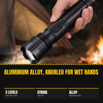 Novalite XPH-50 flashlight held close in one hand, showing the zoom head and side switch