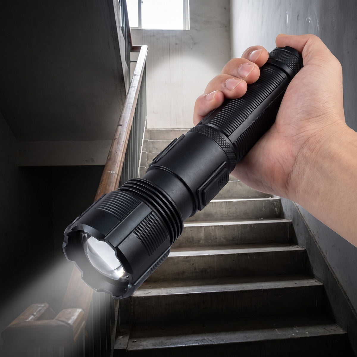Novalite XPH-50 flashlight held pointing down a stairwell, beam on the steps