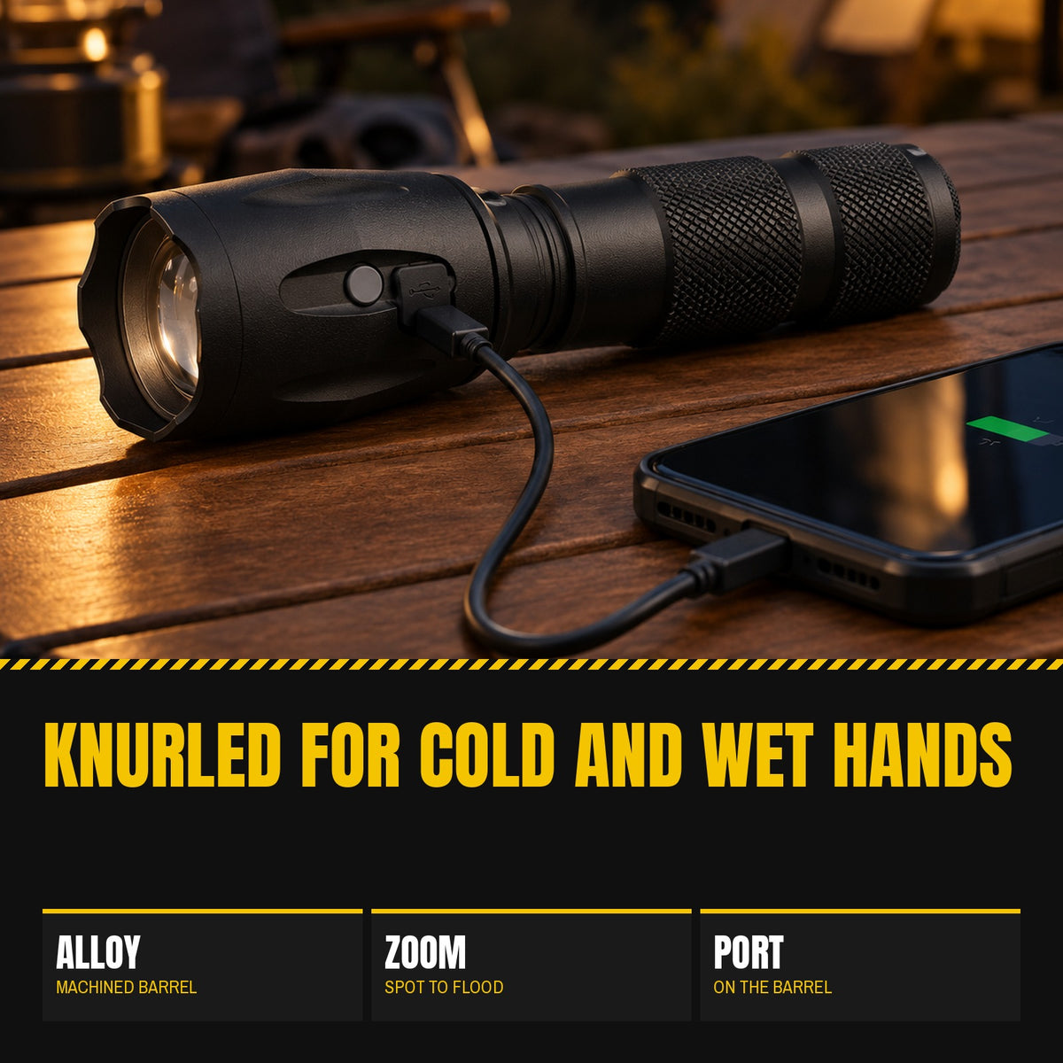 Powerbank Flashlight on a camp table after dark with a cable running to a phone
