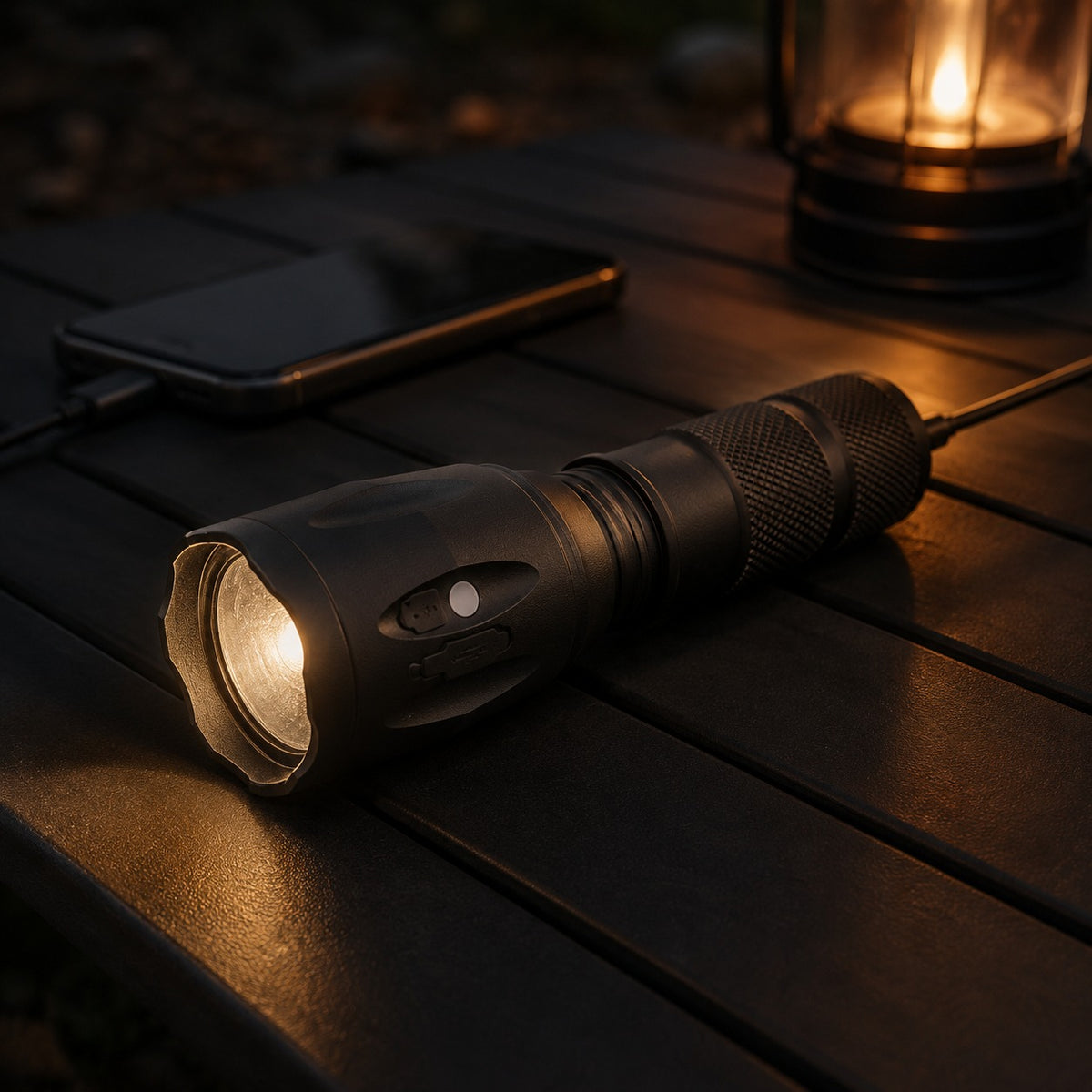 Powerbank Flashlight standing on a camp table at night beside a charging phone