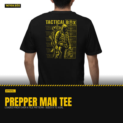 Prepper Man T-Shirt worn back-to-camera with the full back print visible