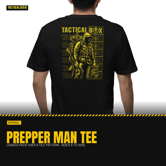 Prepper Man T-Shirt worn back-to-camera with the full back print visible