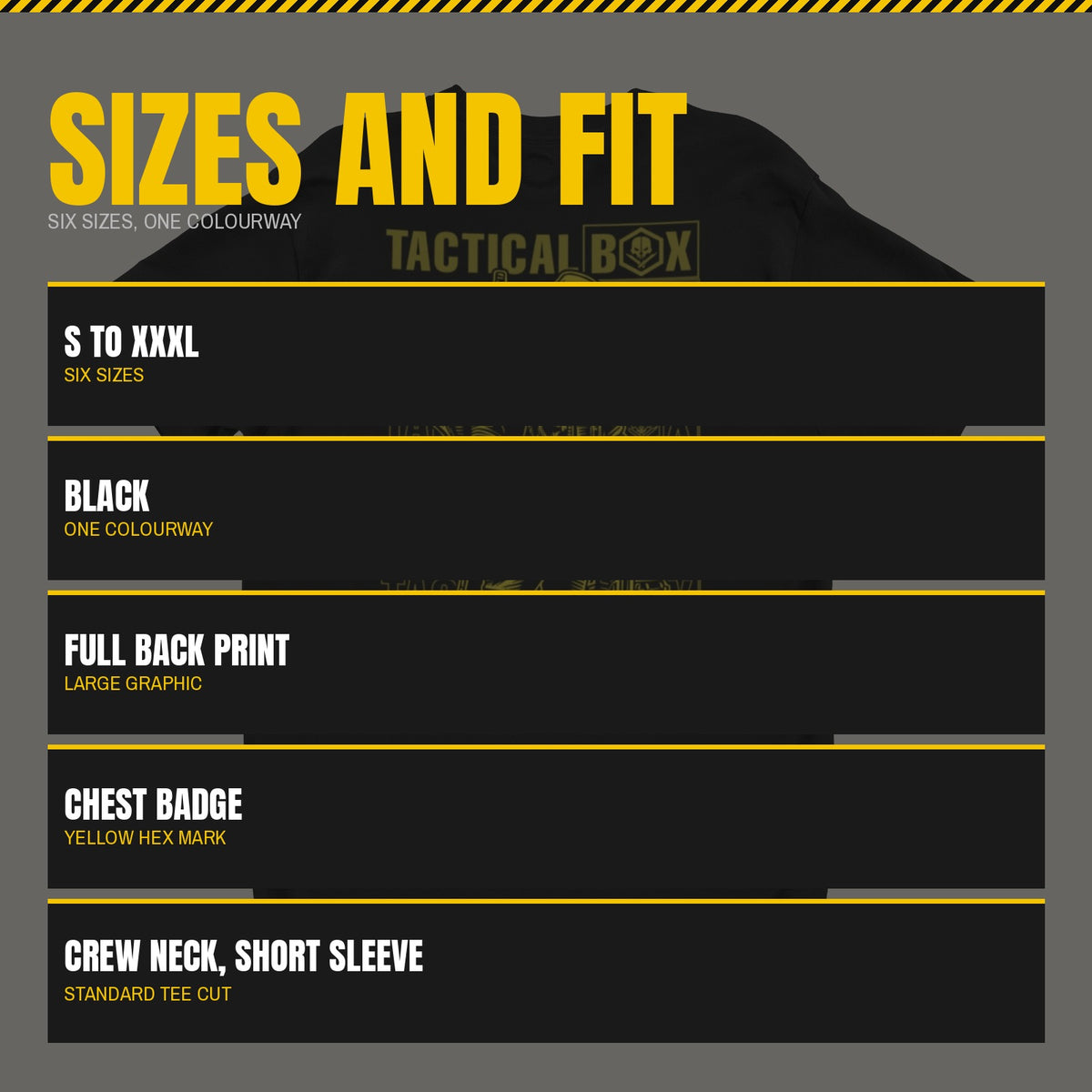 Sizes and fit panel for the Prepper Man T-Shirt, Small to XXXL