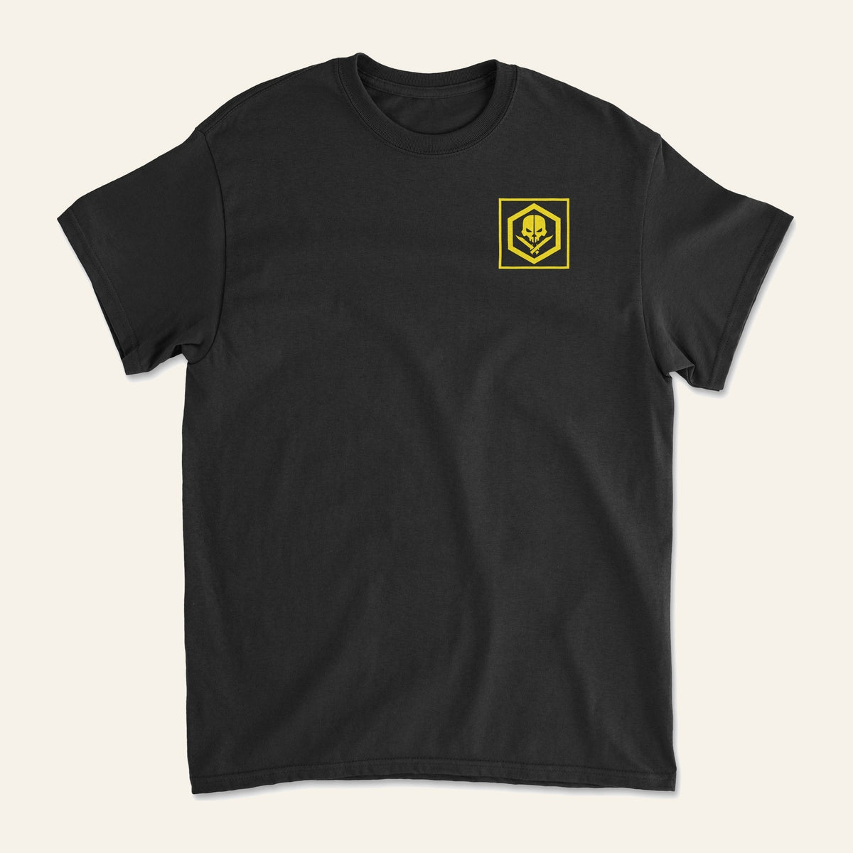 Prepper Man T-Shirt front view, plain black with the chest badge