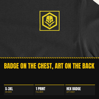 Yellow TacticalBox hex badge on the left chest of the Tactical Ready T-Shirt