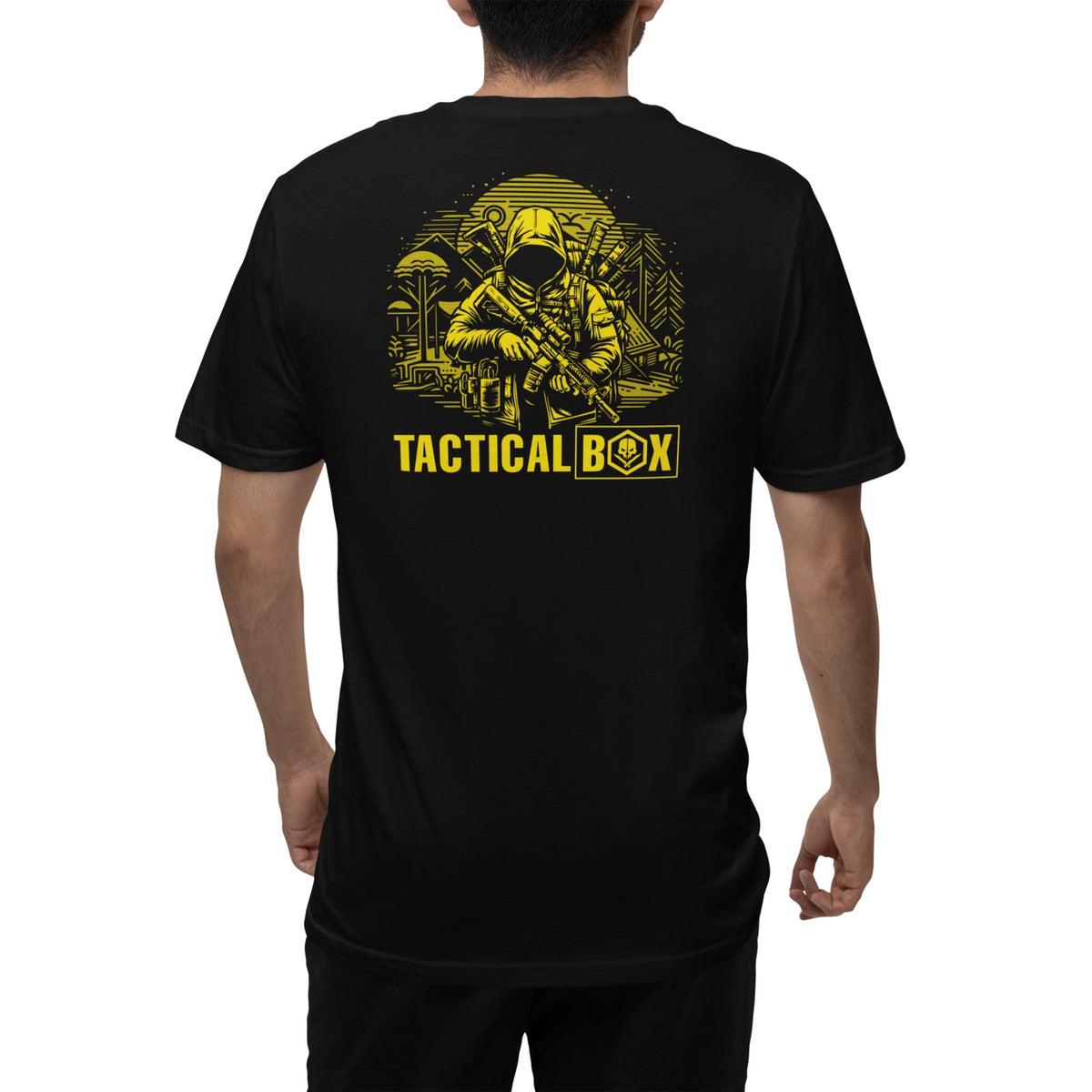 Tactical Ready T-Shirt on a model, rear view showing the back print