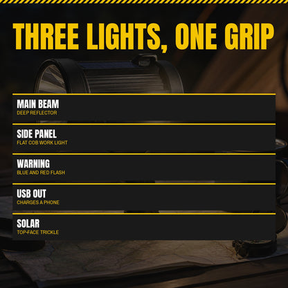 Outdoor Searchlight panel listing the main beam, side work light, warning mode, USB output and solar top
