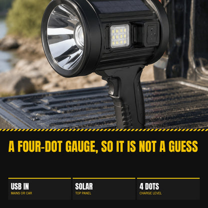 Outdoor Searchlight unlit on a truck tailgate in daylight, solar panel on its top face