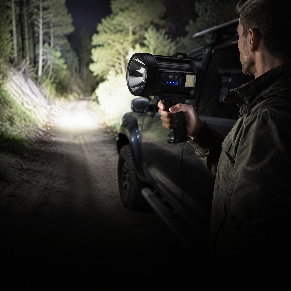 Outdoor Searchlight held at night, beam thrown down a forest track past a parked truck