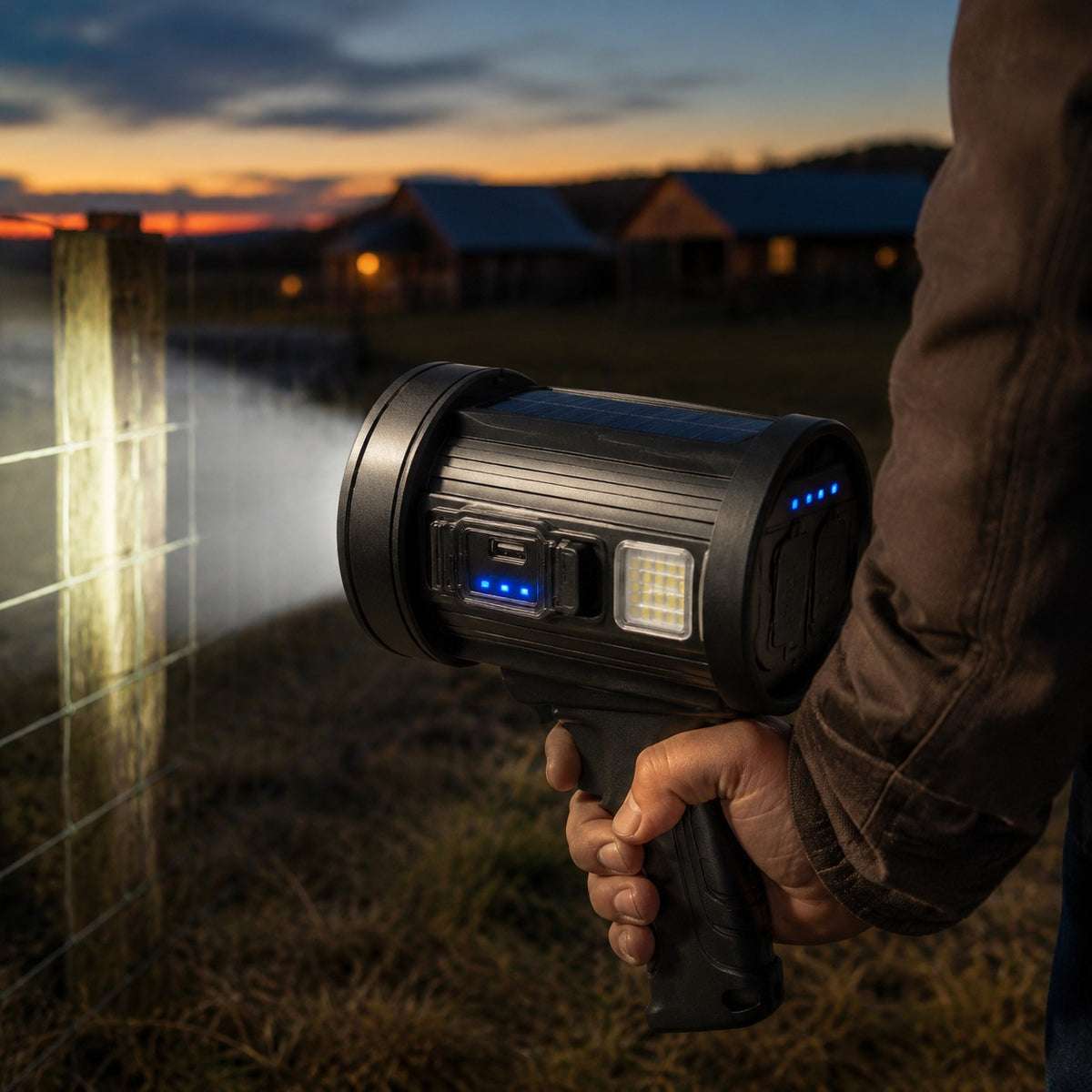 Outdoor Searchlight held low walking a fence line at dusk, beam on the wire
