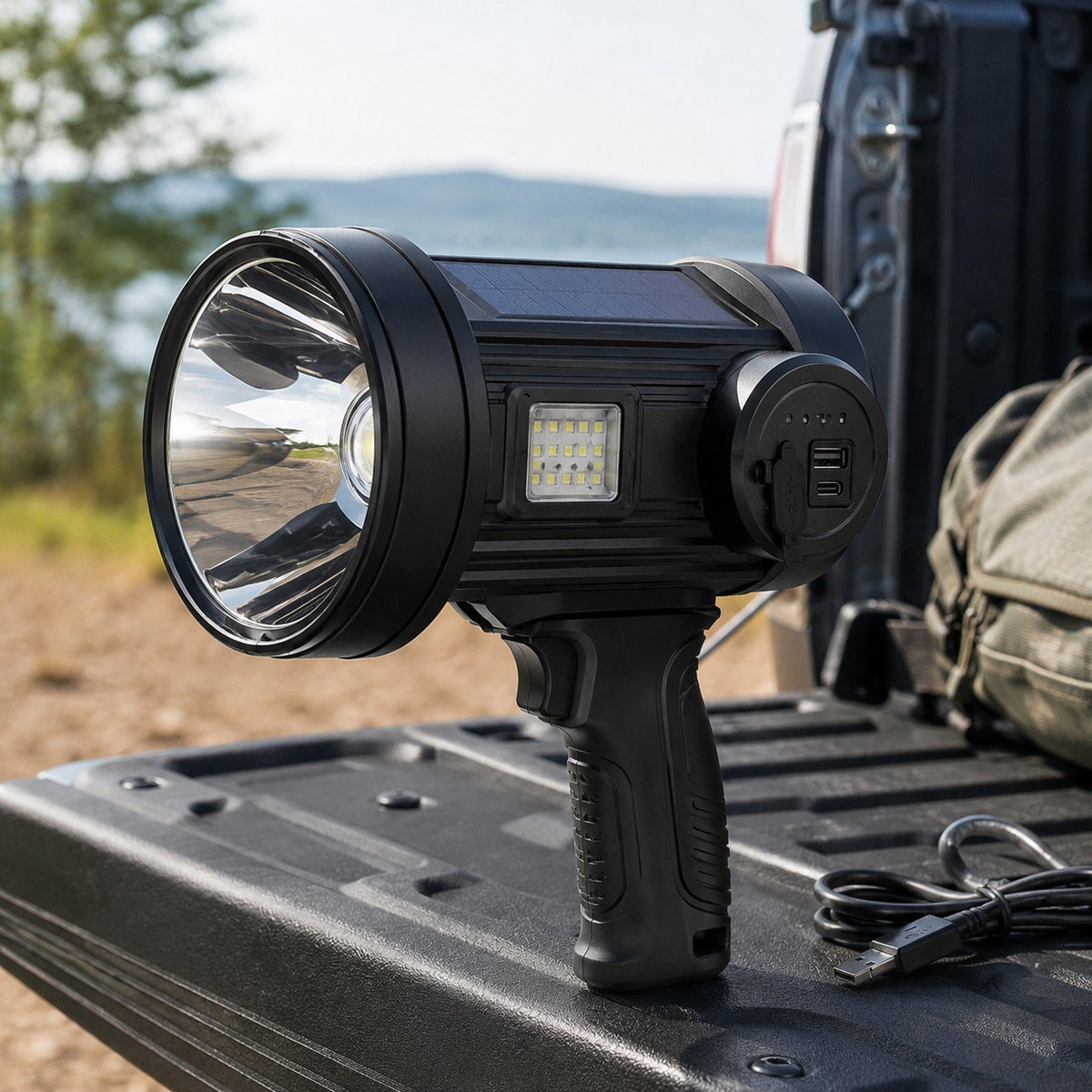 Outdoor Searchlight on an open tailgate in daylight beside a pack, USB port visible
