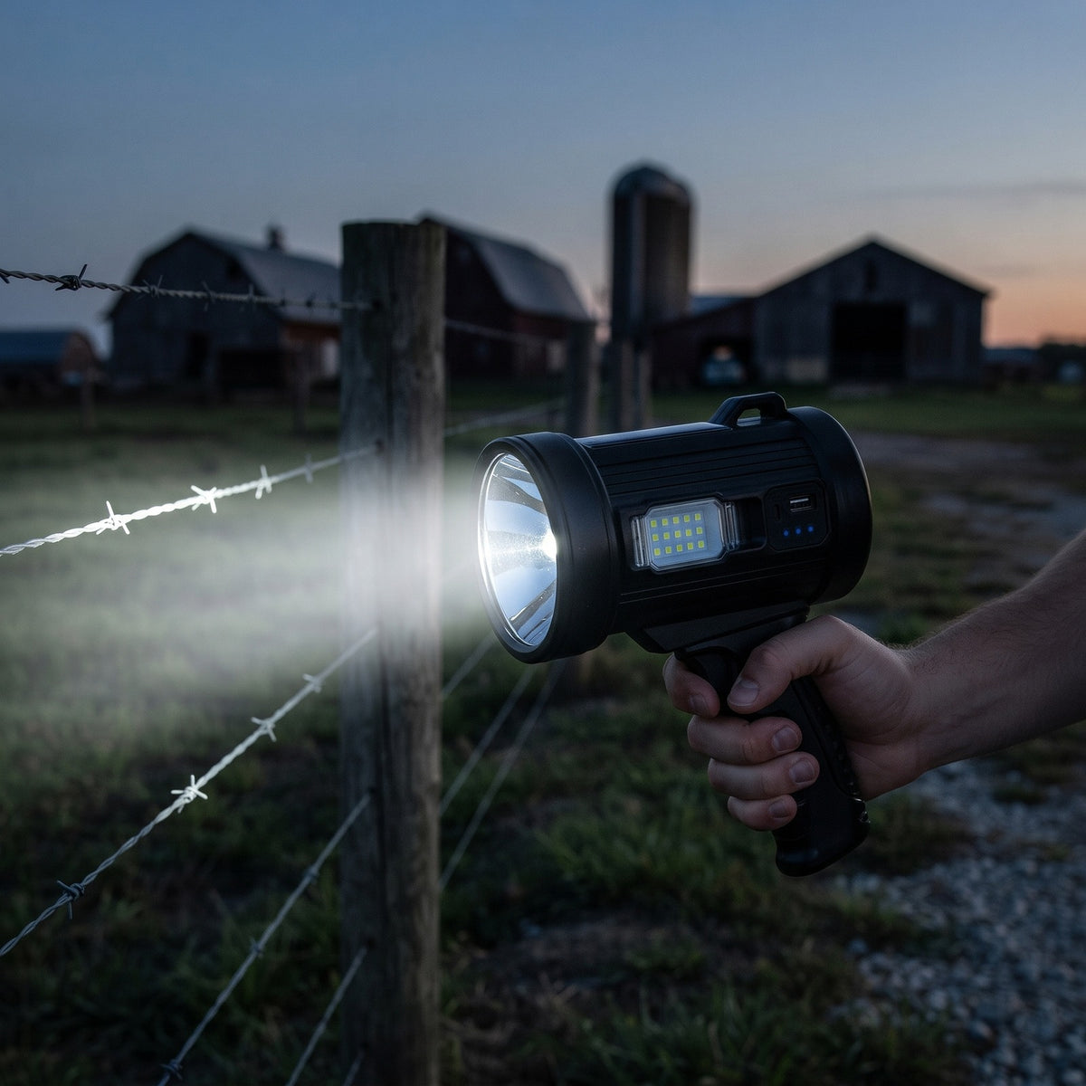 Outdoor Searchlight held at a fence line at dusk with farm buildings behind