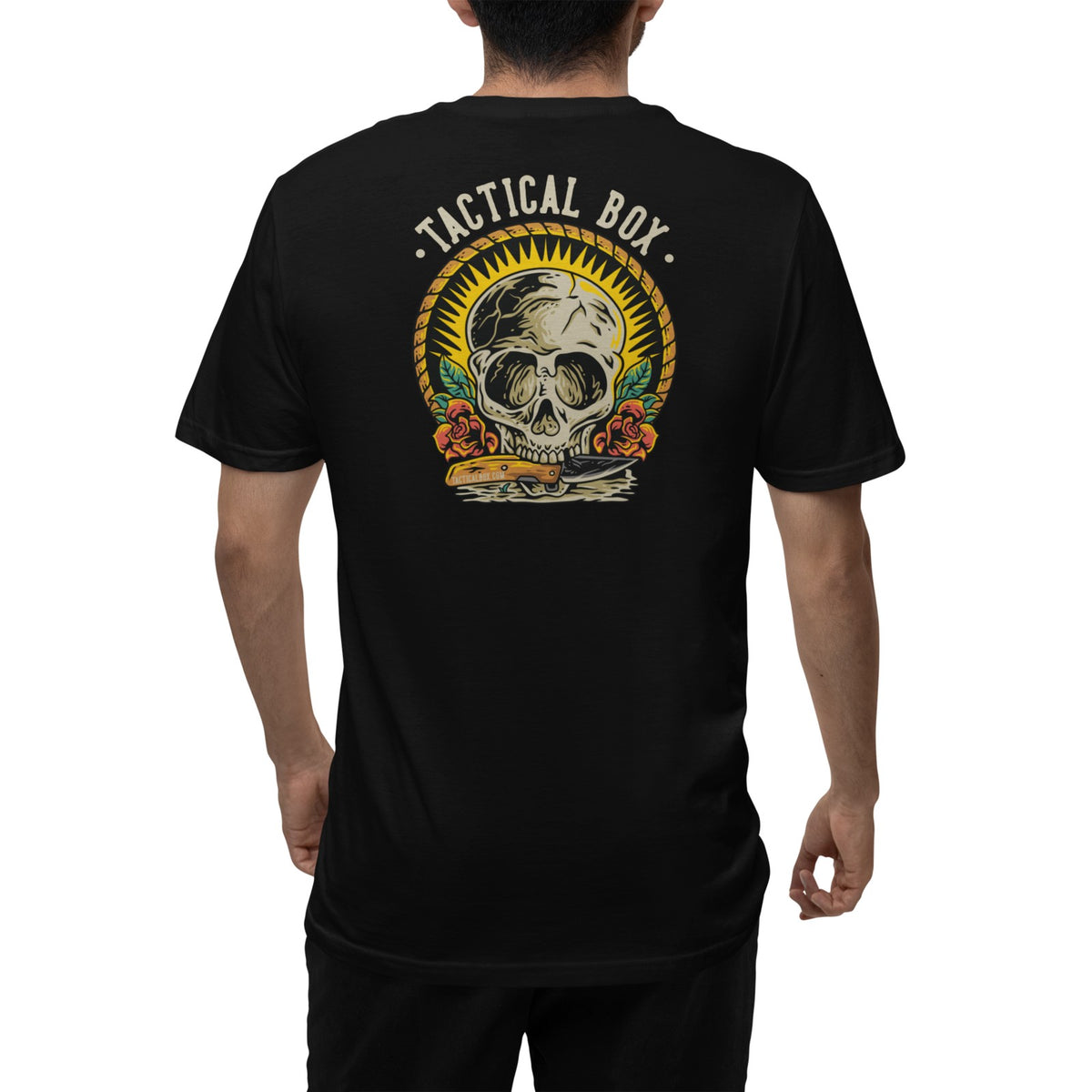 Tactical Skull T-Shirt on a model, rear view showing the back print