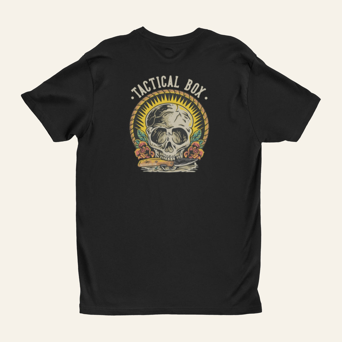 Tactical Skull T-Shirt back view laid flat, full print