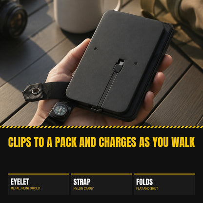 4 Panel Solar Charger folded closed in one hand with the built-in cable in its channel