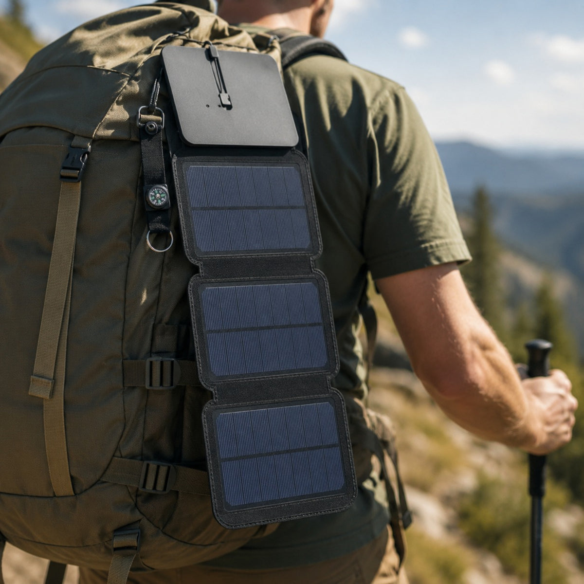 4 Panel Solar Charger clipped to a pack on a sunlit ridge trail