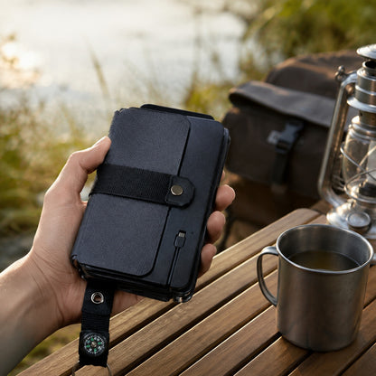 4 Panel Solar Charger folded shut on a camp table beside a mug