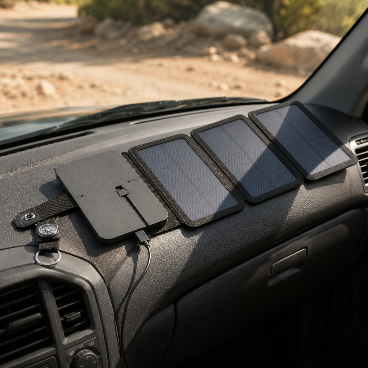 4 Panel Solar Charger open on a truck dashboard with the cable running into the cab