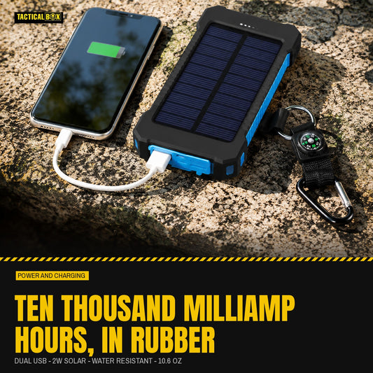 Waterproof Solar Charger on a sunlit granite slab charging a phone, with the capacity figures alongside