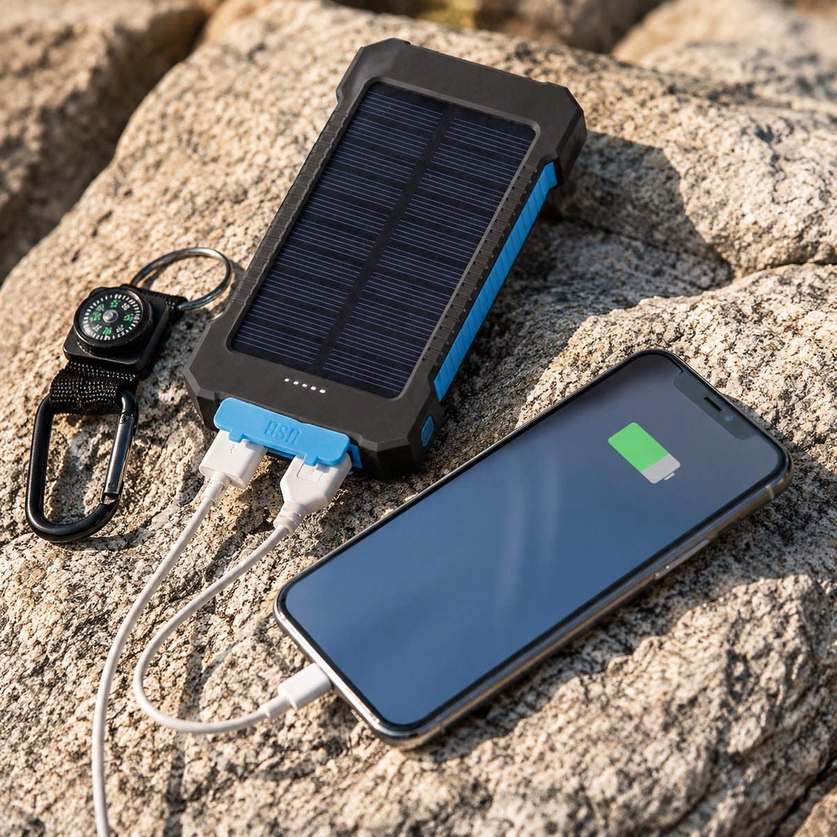 Waterproof Solar Charger on rock in bright sun with a phone charging beside it
