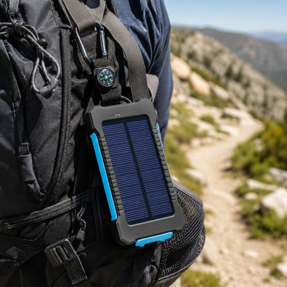 Waterproof Solar Charger clipped by its carabiner to a daypack on a ridge trail