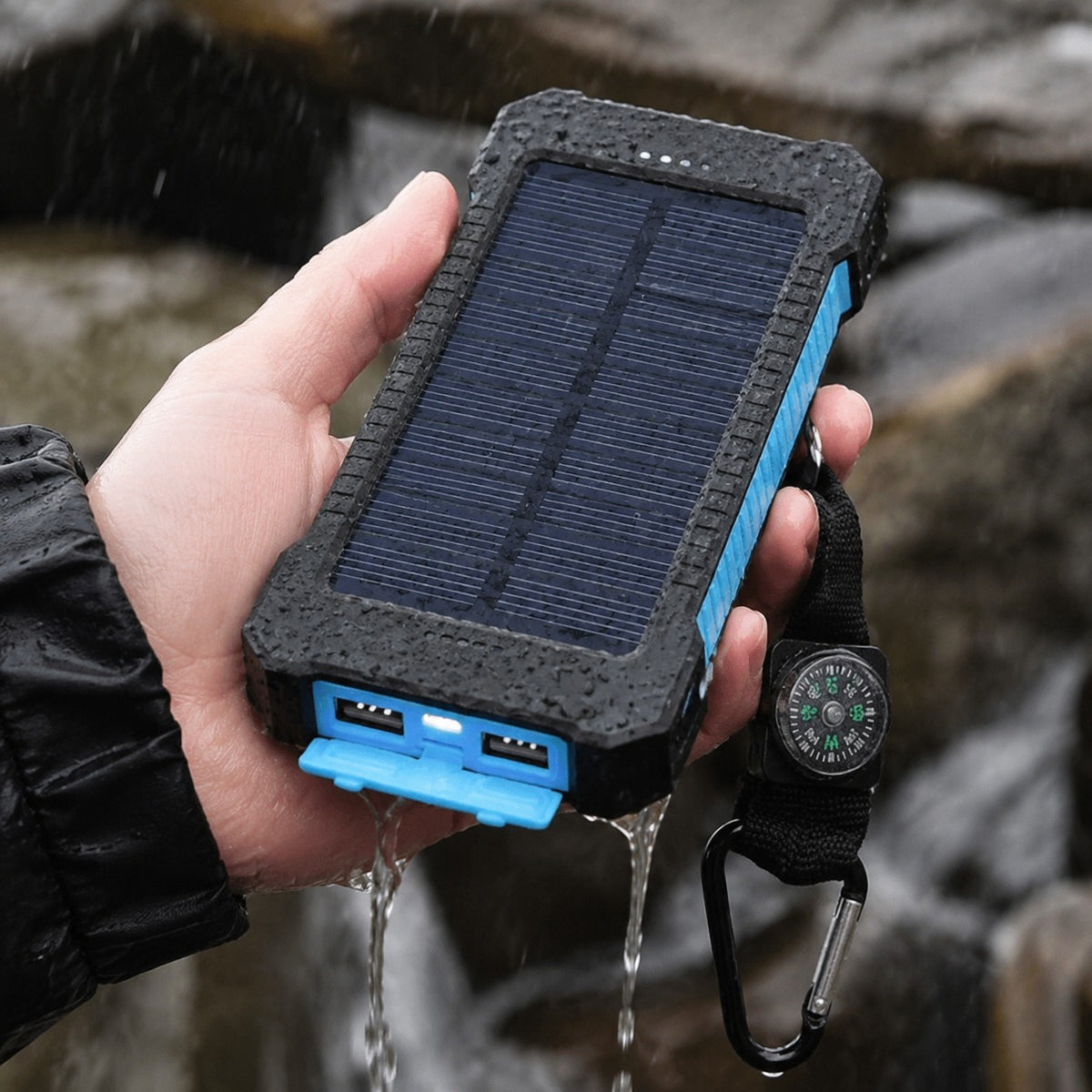 Waterproof Solar Charger held in one hand with water running off the body in the rain
